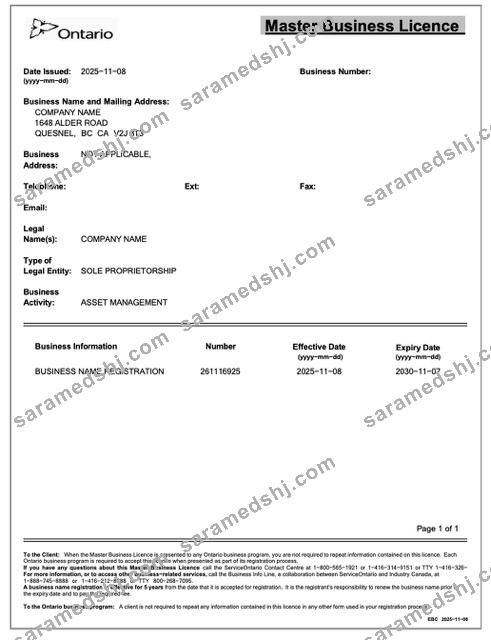 Canada Ontario master business licence Word and PDF template